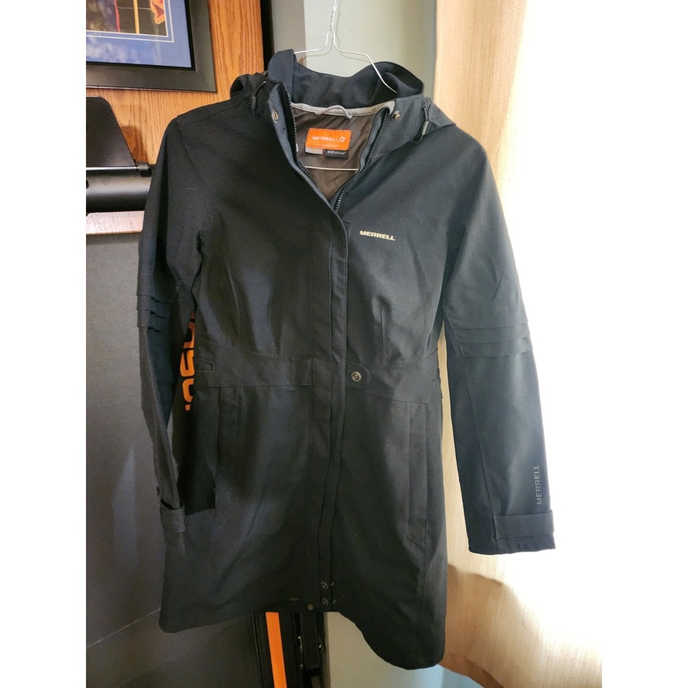 Merrell Women's Opti-Shell Hooded Trench Coat Rain Jacket Size Small Med Black